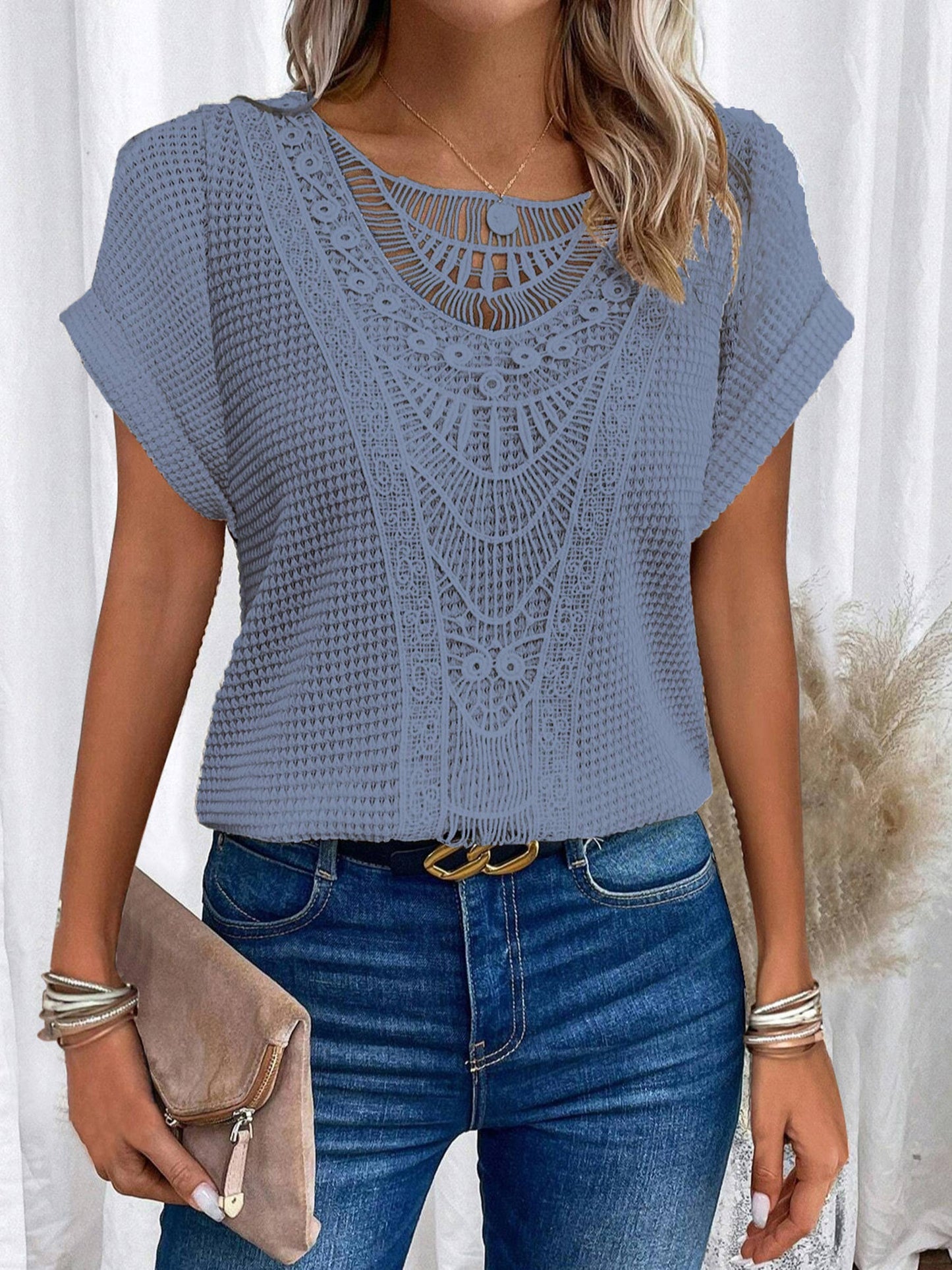Blue Lace Patchwork Short Sleeved Top