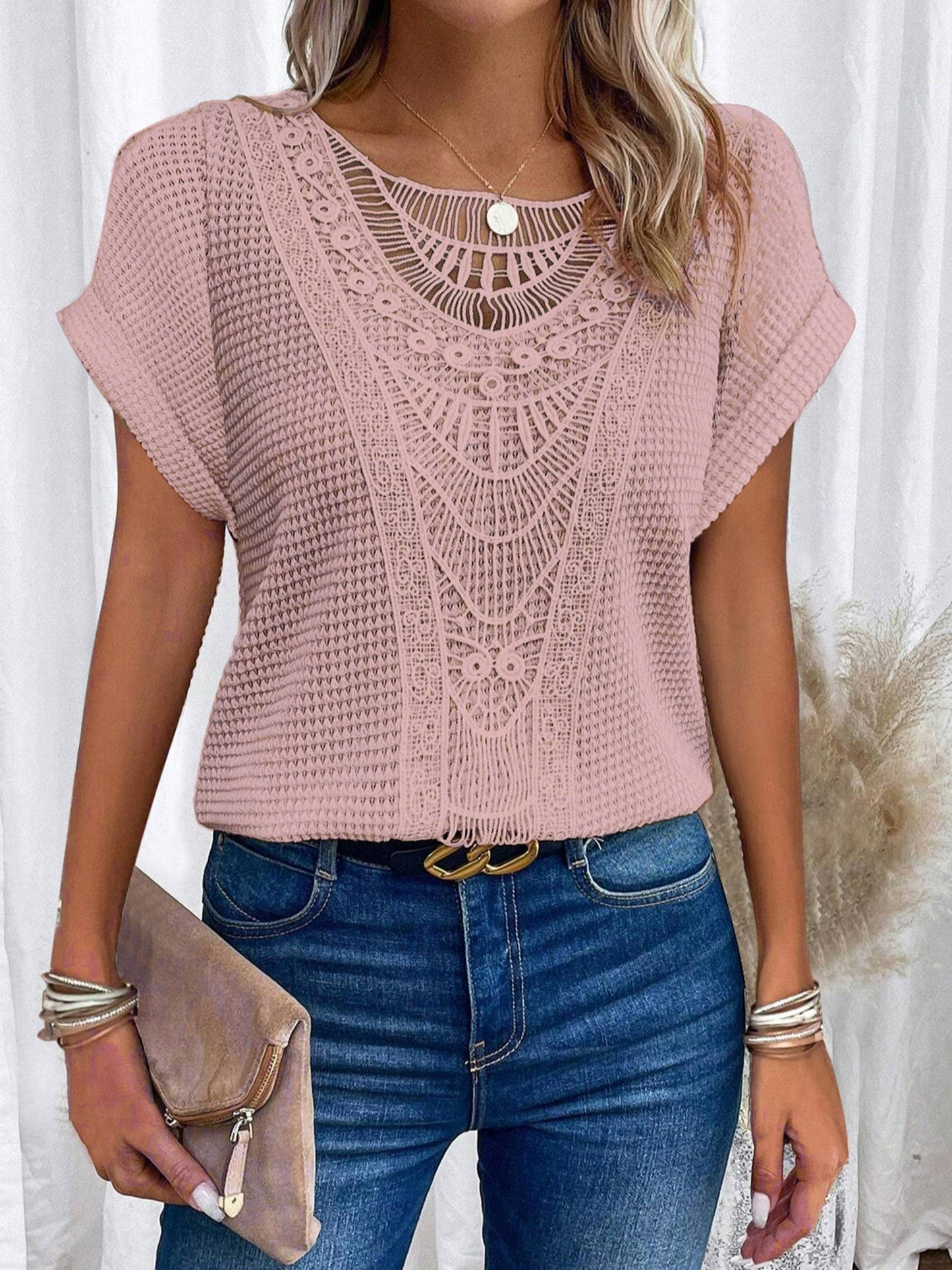 Pink Lace Patchwork Shot Sleeved Top