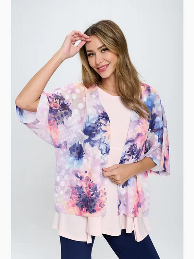 Coral Water Printed Kimono Cardigan. Crafted from 100% polyester, this casual piece is perfect for spring and summer seasons. The missy fit and elbow sleeves provide a comfortable and flattering silhouette for all.