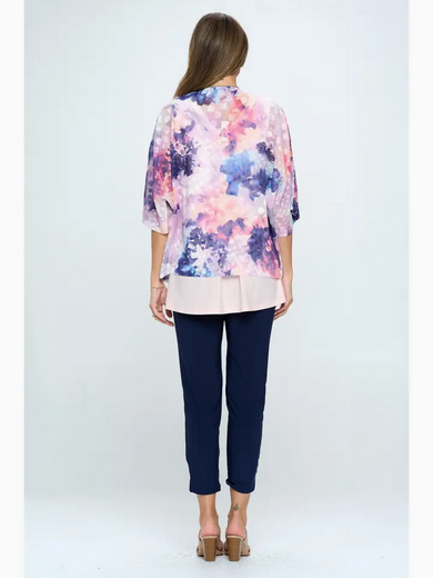 Coral Water Printed Kimono Cardigan. Crafted from 100% polyester, this casual piece is perfect for spring and summer seasons. The missy fit and elbow sleeves provide a comfortable and flattering silhouette for all.