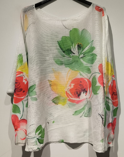 White Floral Round Knit Printed Sweater