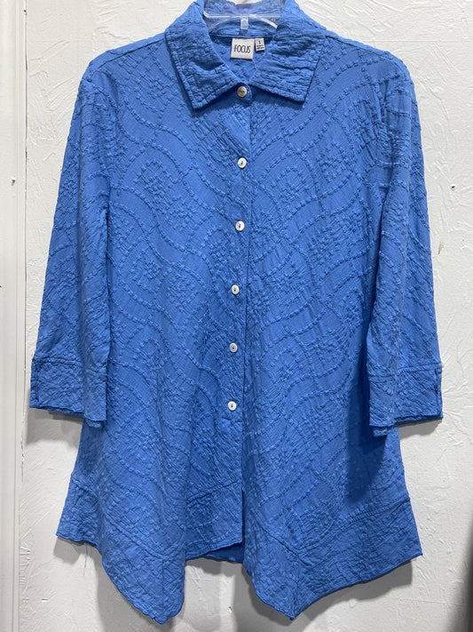 Embroidered Button Front Shirt, Handkerchief Hem, Lightweight Cotton Voile, Preshrunk; 100% Cotton,3/4 Sleeve Shirt, Pre-Wash