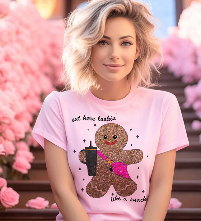 Pink Shirt, Gingerbread man with cup and crossbody