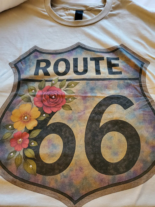 Get your Kicks on Route 66 Tee Shirt, with crystal embellishments. Med, Large, XL. Not your average Gildan shirts, the signature SoftstyleⓇ Gildan G640 t-shirts