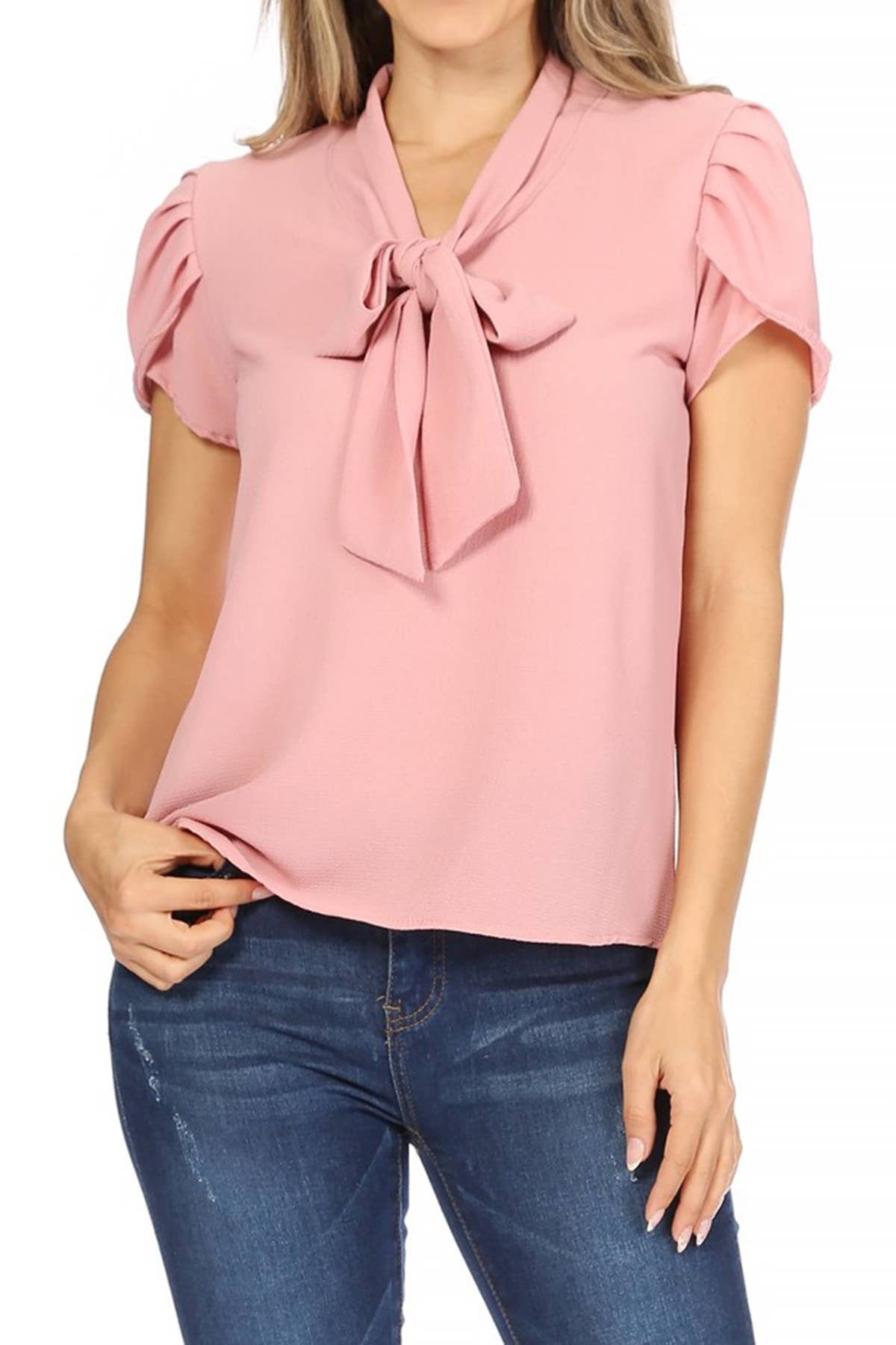 dusty pink  or beige chiffon blouse with collar bow tie and cap sleeves