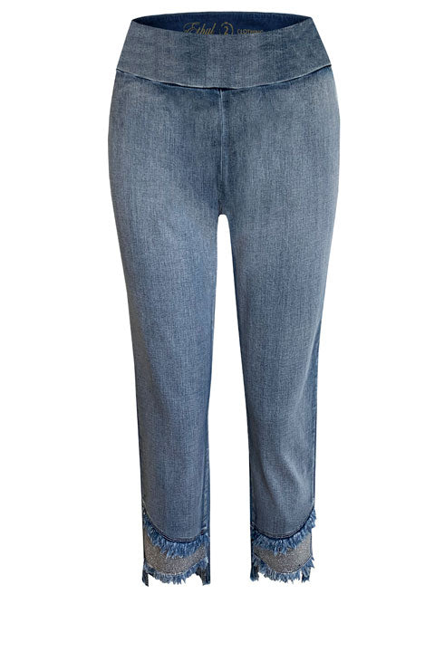 These ankle pants will add pizazz to your wardrobe. The signature slimming styling up top creates a pleasing silhouette with a waist-flattening panel and stretch fabric. Fun bling-trimmed cuff with unfinished fringe detail gives them a fashionable finish.